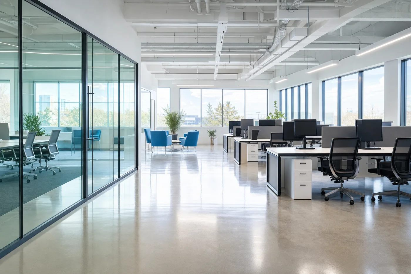 A pristine modern office with polished floors after commercial janitorial cleaning
